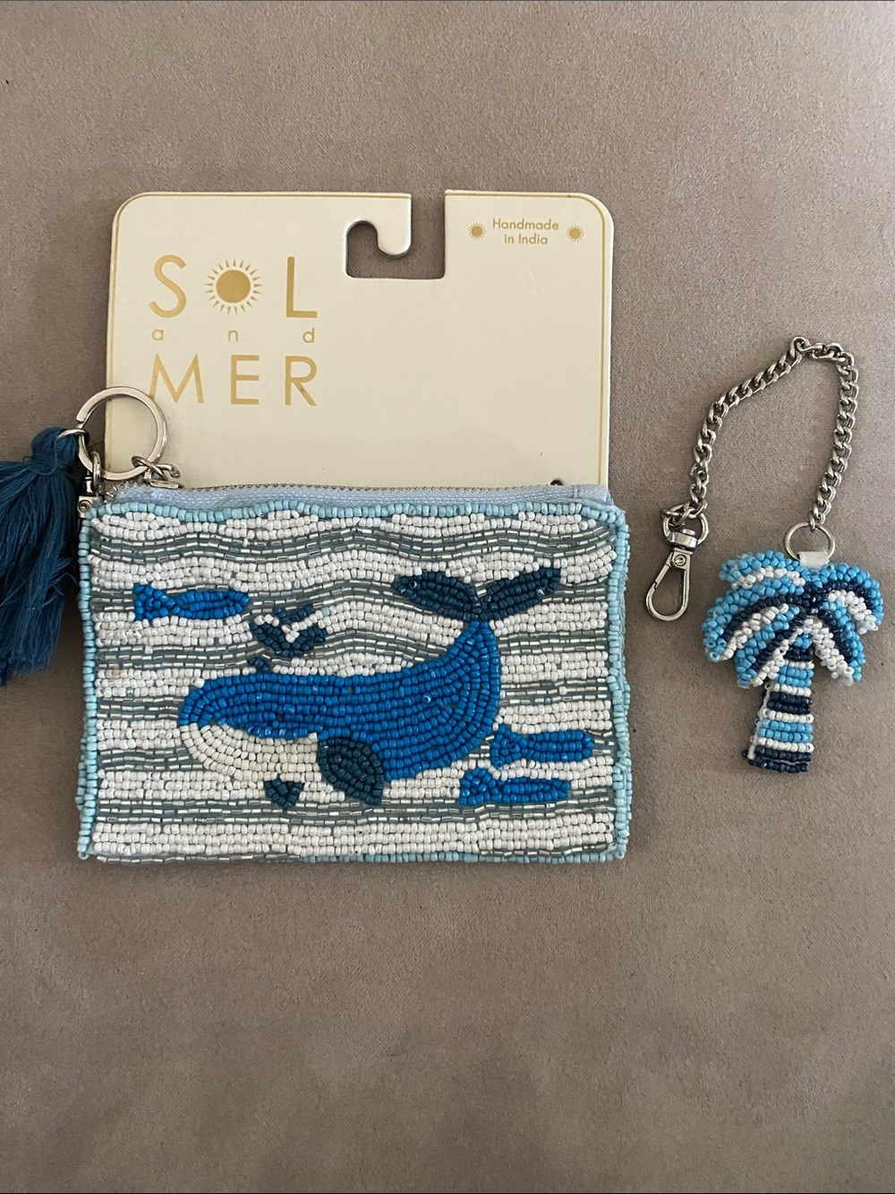 Sol & Mer Beaded Blue Whale Key & Card Holder with Tassel & palm tree charm. NWT